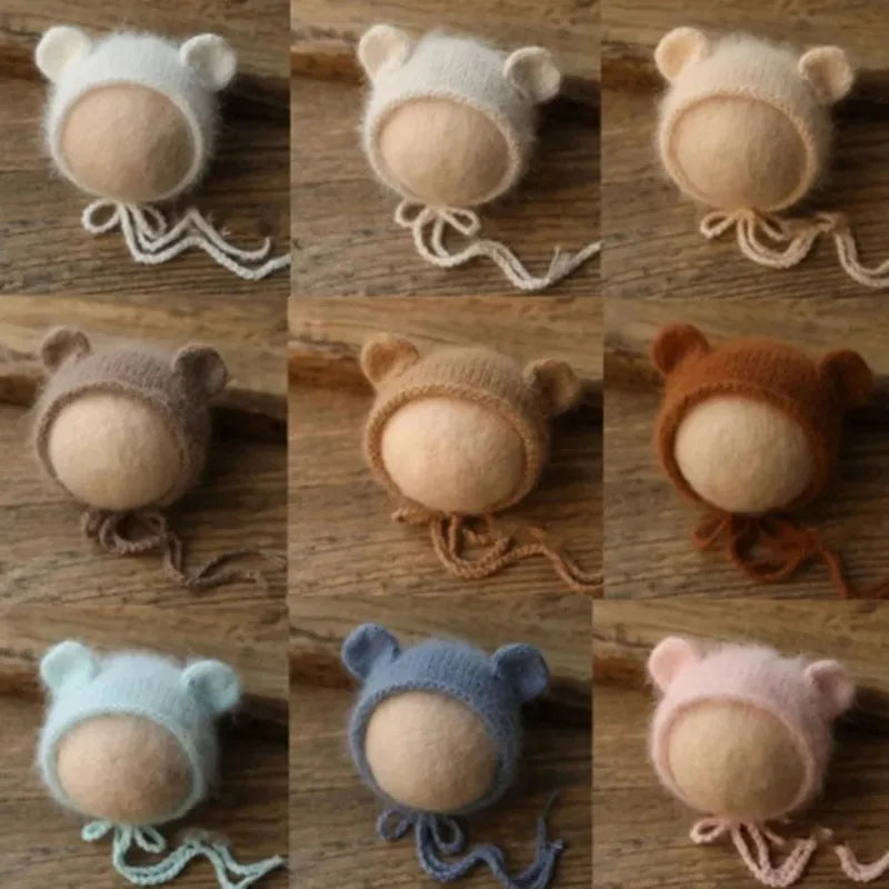 Bonnet tricoté pour nouveau-né en fil de vison duveteux avec oreilles, accessoire photo