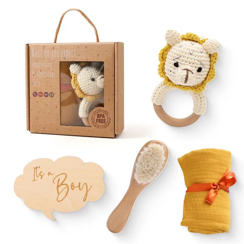 Newborn Bath Gift Set – Cotton Blanket, Milestone Cards & Rattle
