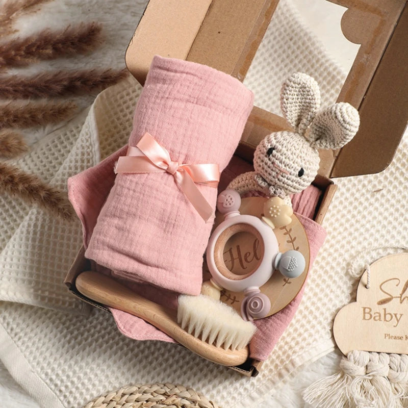 Coffret cadeau bain bébé et anneau de dentition – Jouets en silicone, hochet et cartes étapes