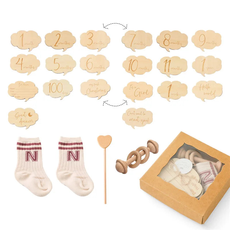 Newborn Bath Gift Set – Cotton Blanket, Milestone Cards & Rattle