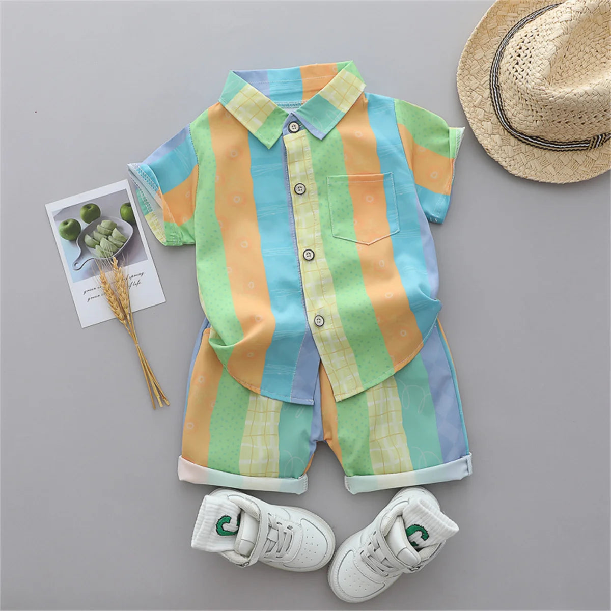 2-Piece Baby Summer Outfit – Vertical Stripe Shirt & Shorts Set