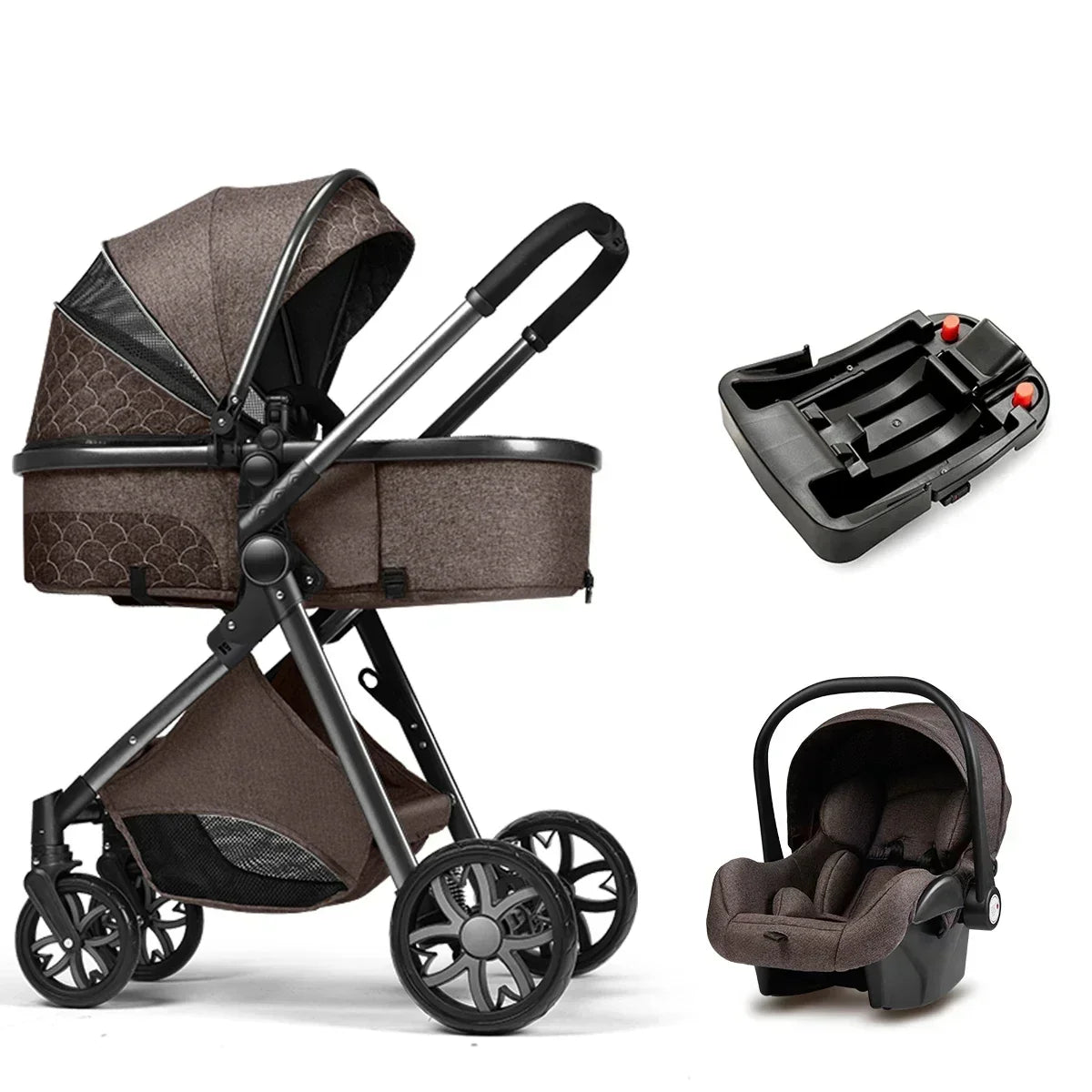 Poussette 3 en 1 à profil haut avec siège auto et fixation ISOFIX