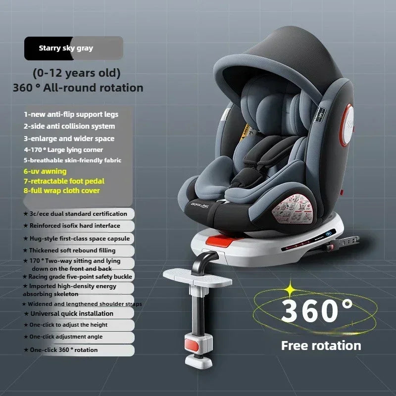 Siège auto bébé pivotant à 360° avec fixation ISOFIX et support