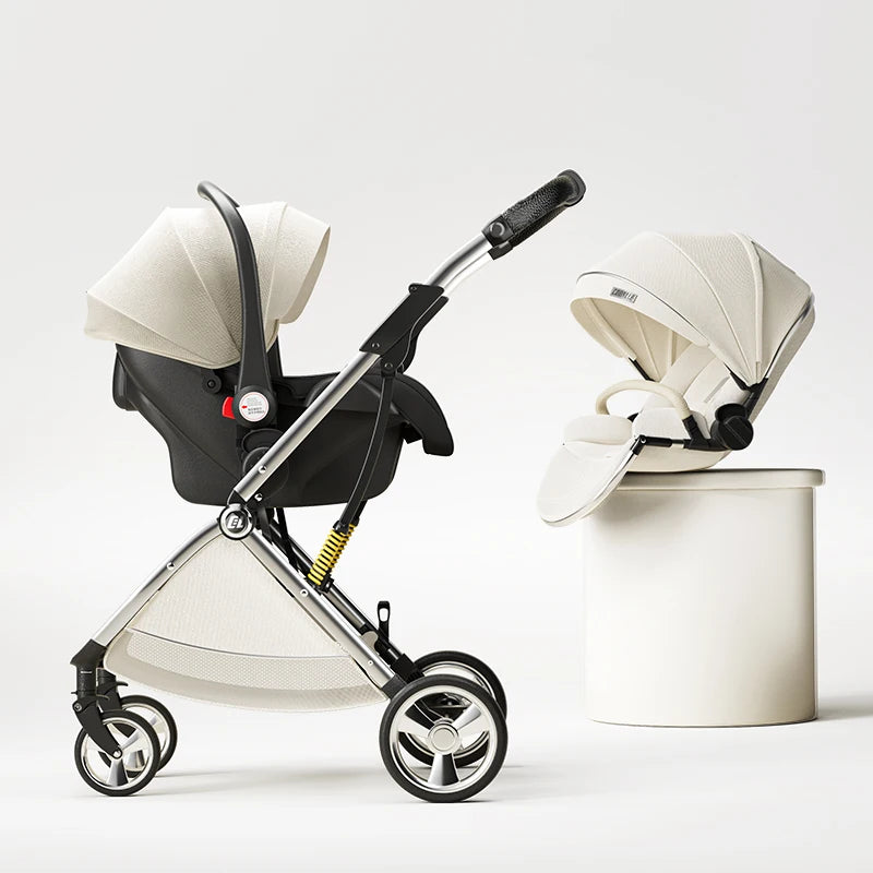 Luxury High-View Baby Stroller – Egg-Shaped Seat, One-Hand Recline, Compact Pram