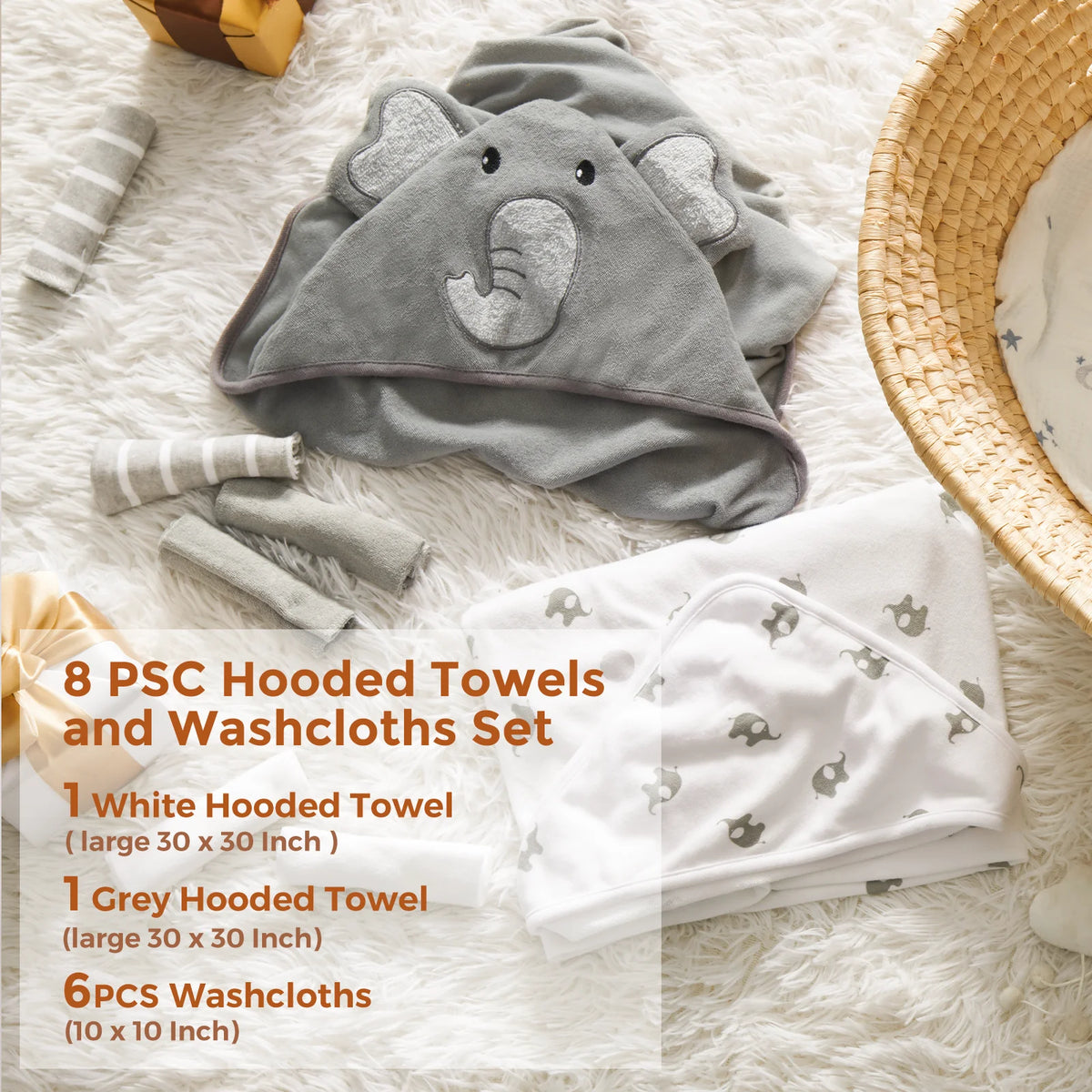 Momcozy Elephant Hooded Baby Towel Set – 8-Piece Bath Essentials, Towels & Washcloths