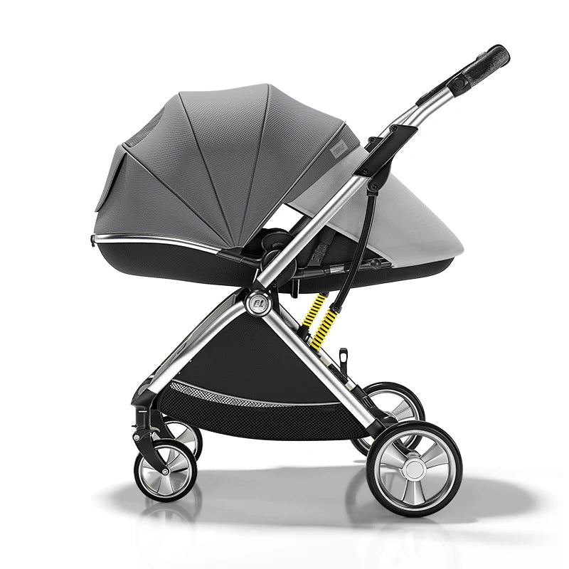 Luxury High-View Baby Stroller – Egg-Shaped Seat, One-Hand Recline, Compact Pram
