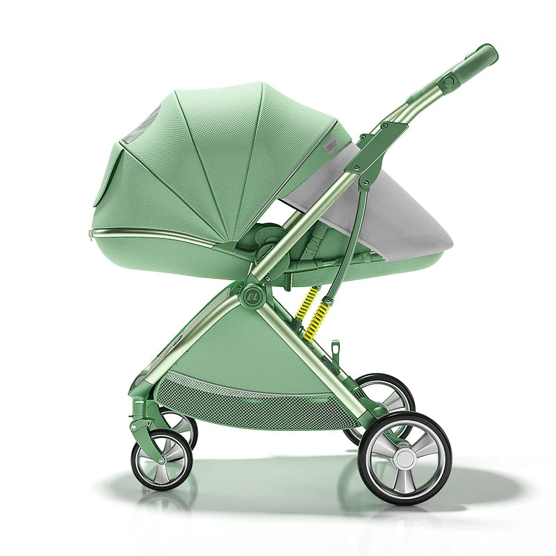 Luxury High-View Baby Stroller – Egg-Shaped Seat, One-Hand Recline, Compact Pram