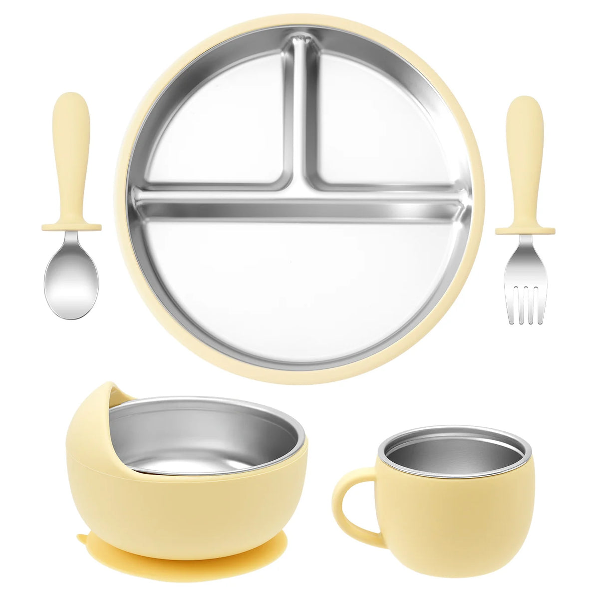 Ensemble repas bébé sans BPA – Assiette, bol, tasse et couverts détachables