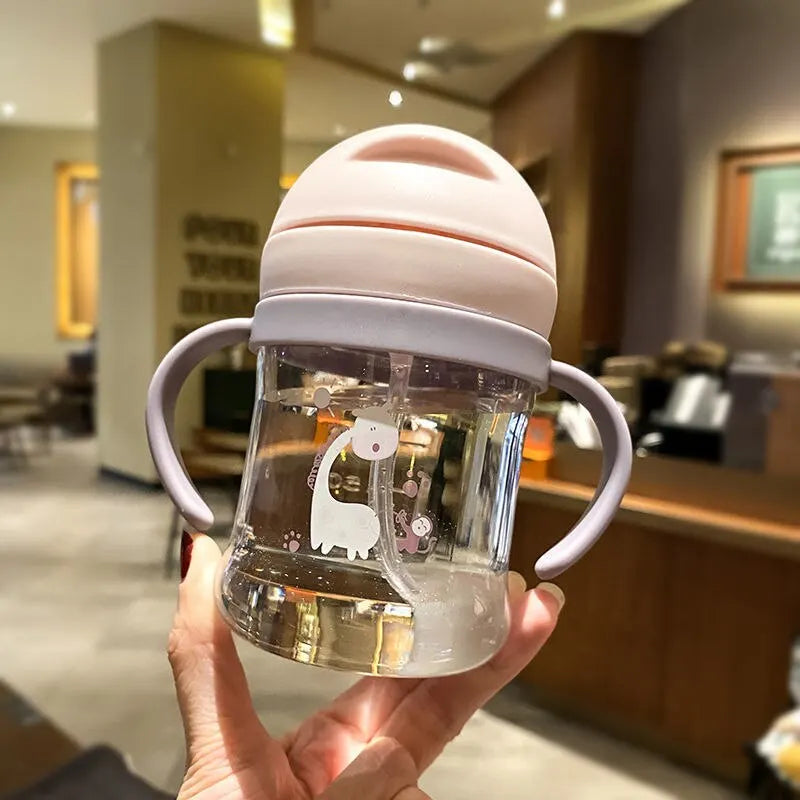 Biberon de 250 ml pour bébé – Large anse et paille rose