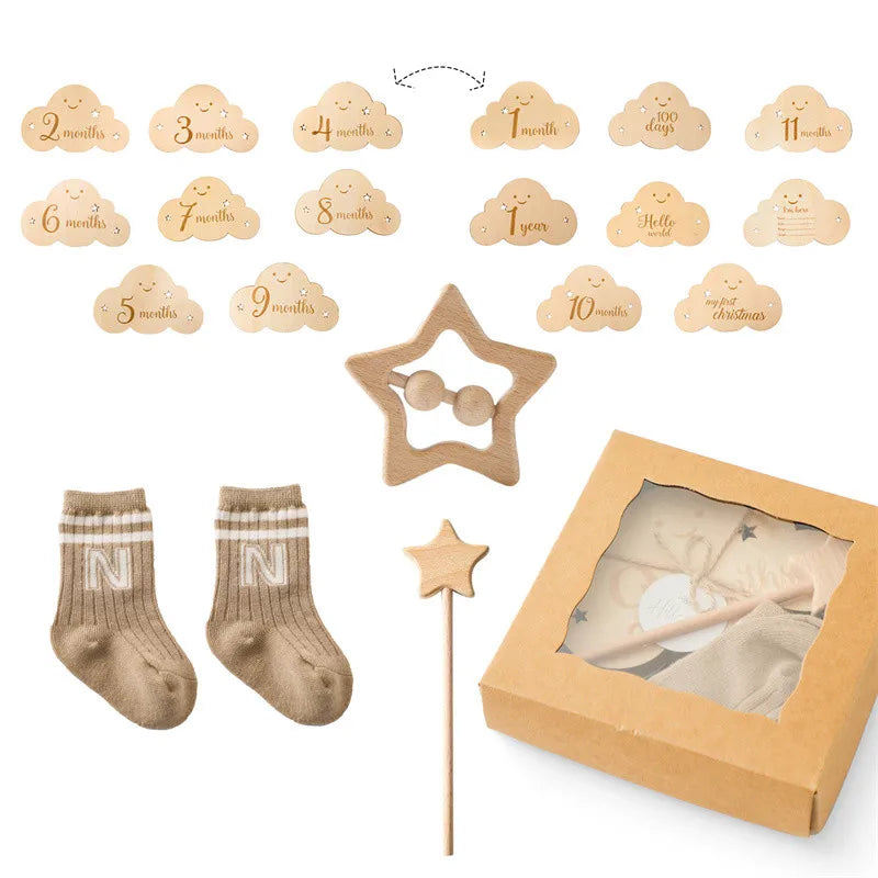 Newborn Bath Gift Set – Cotton Blanket, Milestone Cards & Rattle