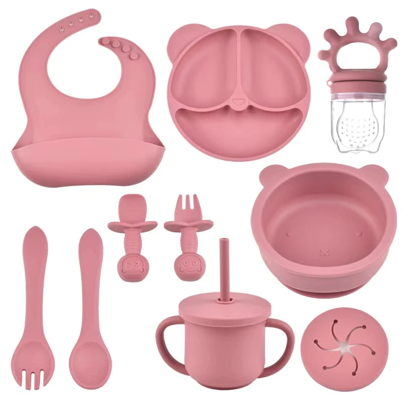 Kit d'alimentation pour bébé – 9 pièces en silicone avec bavoir