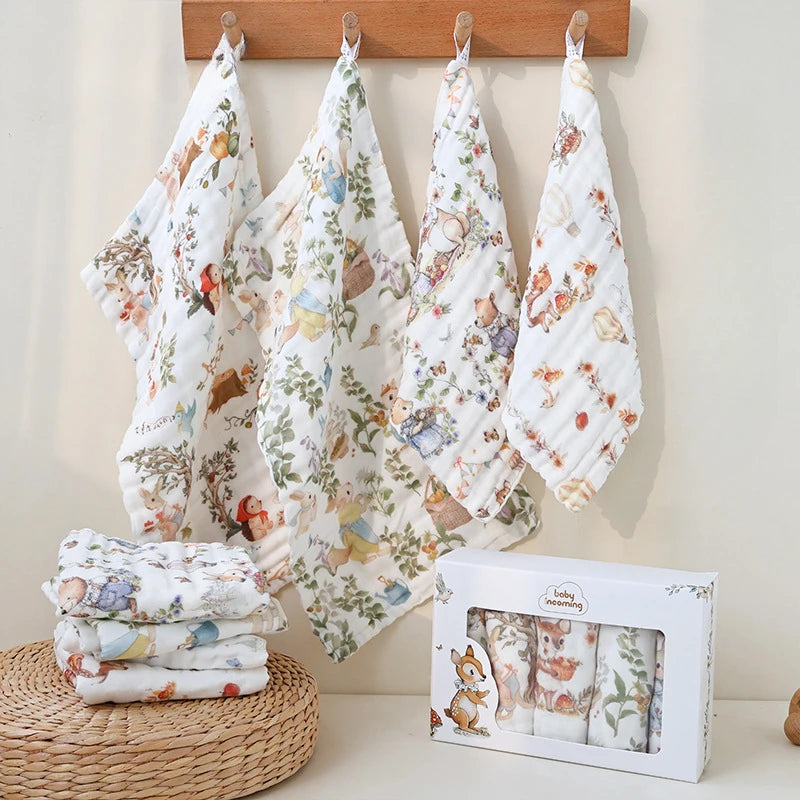 3/5-Piece Baby Towel Set – 6-Layer Cotton Muslin Burp & Face Cloths