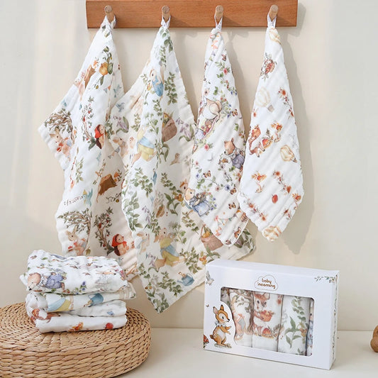 3/5-Piece Baby Towel Set – 6-Layer Cotton Muslin Burp & Face Cloths