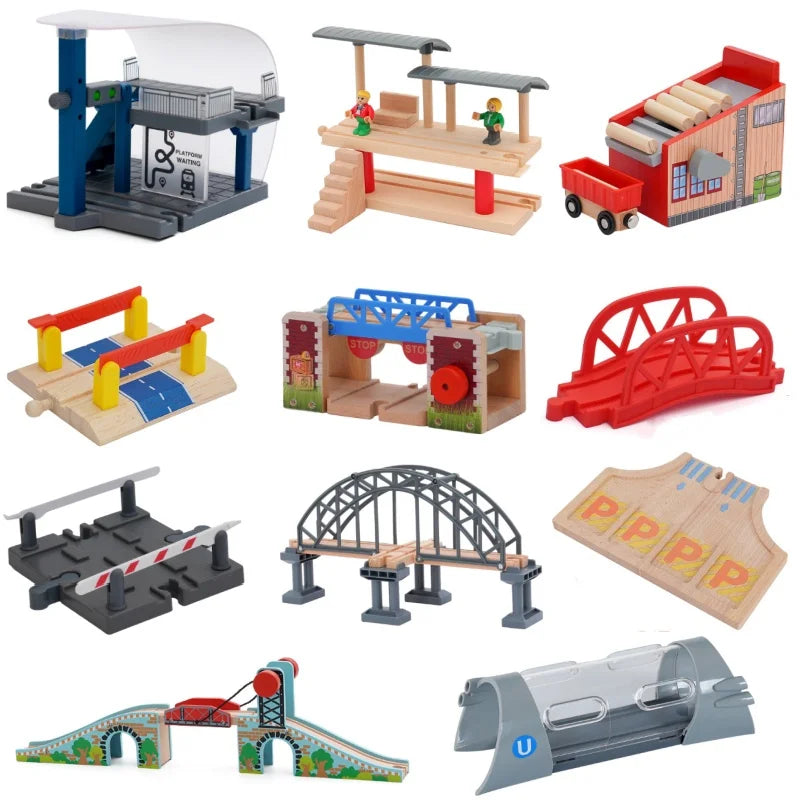 Wooden Train Track Set – Racing, Bridges & Tunnel Accessories Toy