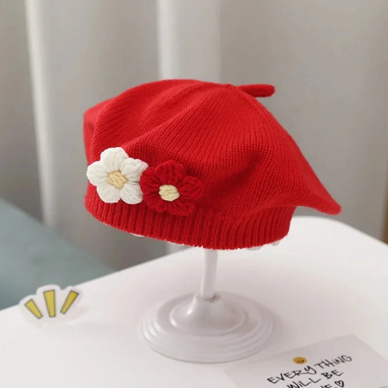 Cute Baby Girl Knitted Beret Hat with Small Flower