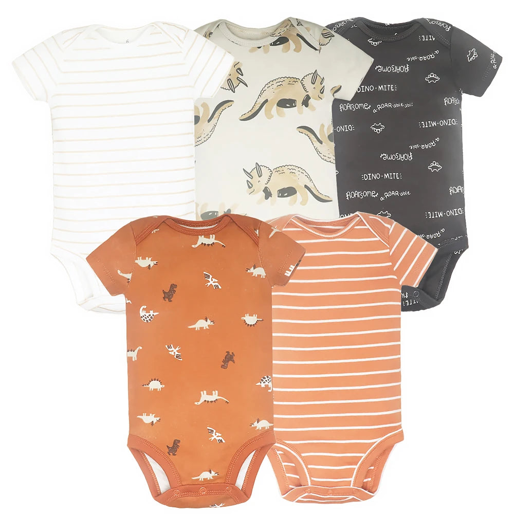 Ensemble de 5 bodies pour nouveau-né – Combinaisons en coton à manches courtes (0–24 mois)