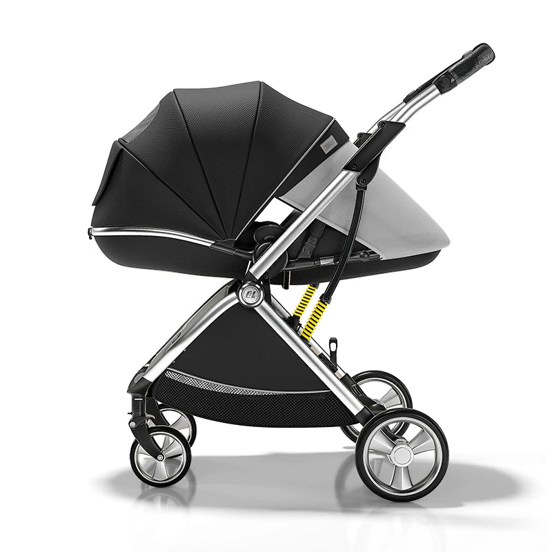 Luxury High-View Baby Stroller – Egg-Shaped Seat, One-Hand Recline, Compact Pram