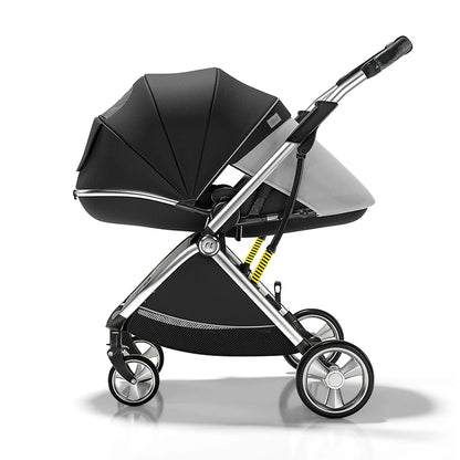 Luxury High-View Baby Stroller – Egg-Shaped Seat, One-Hand Recline, Compact Pram